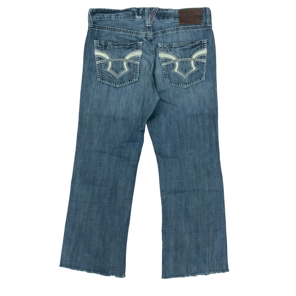 Big Star Pioneer Jeans Mens 33R Blue Distressed Boot Cut Raw Hem Buckle